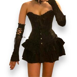 Black Lace Up Corset Arm Covers- Fingerless Goth Punk Gloves NWT
